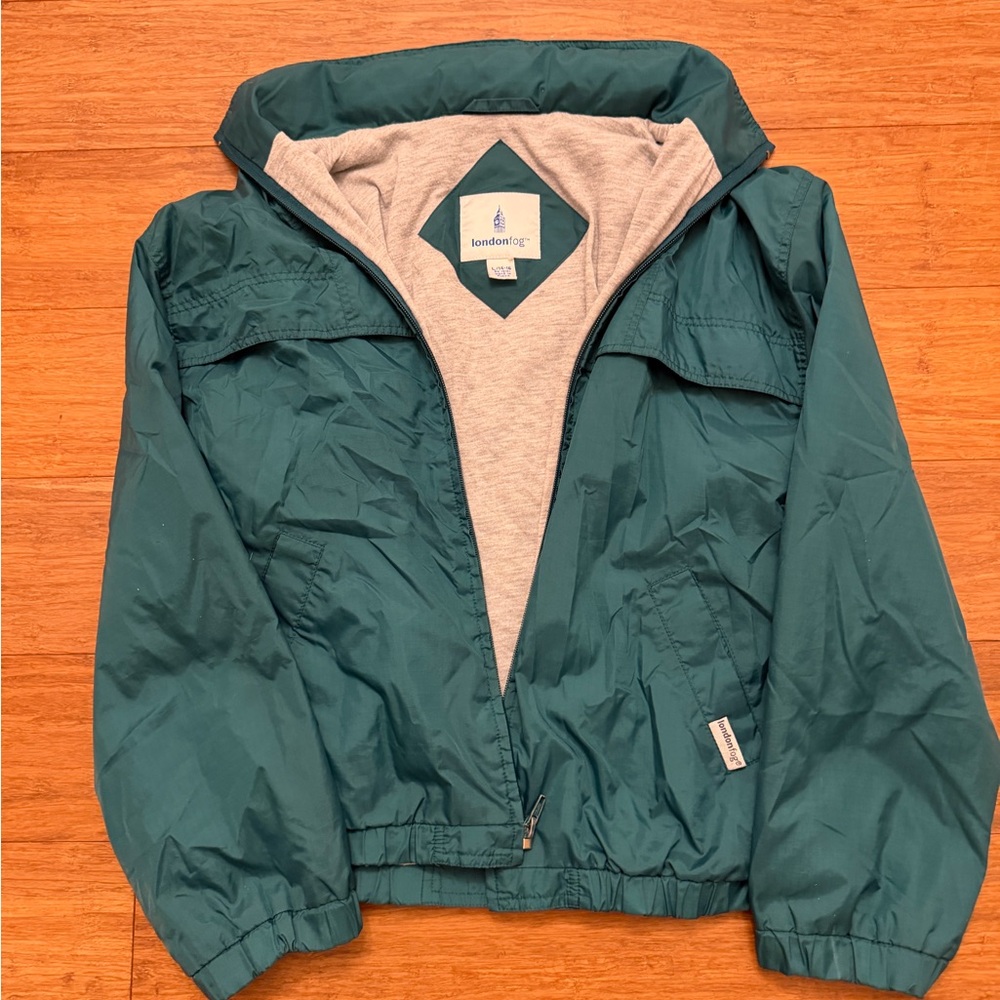 Youth Large 14-16 London Fog Lined Green Windbreaker With Hood Slightly Flawed
